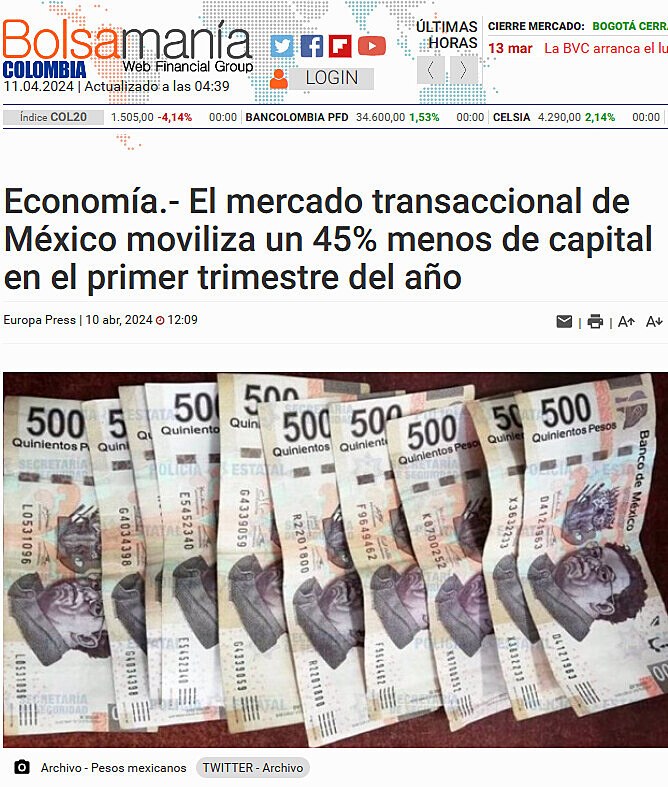 Economa.- El mercado transaccional de Mxico moviliza un 45% menos de capital en el primer trimestre del ao
